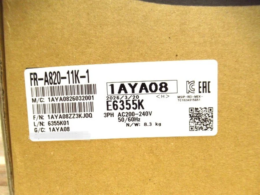 三菱電機 FR-A820-11K-1 元箱管理銘板ラベル・定格仕様・製造年月